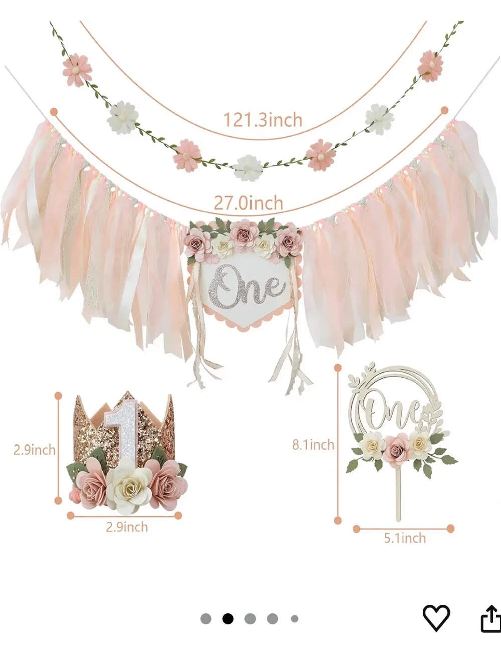 Wildflowers Peach and Cream Floral First Birthday Banner & Cake Topper Set of 4